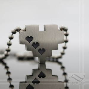 Thick sterling Silver Pixel Heart Pendant - Triple life heart Geeky Gamer Gift - Solid