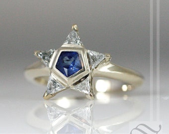 Sapphire Starburst Ring - White gold, Sapphire and diamond - Ladies engagement ring