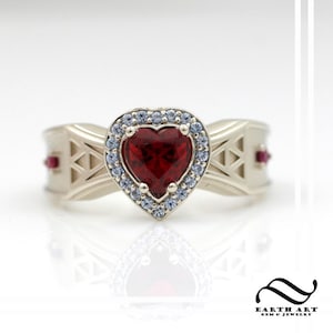 Heart Container Zelda Engagement Ring - Ocarina of time game inspired ruby and Aquamarine halo heart - Sterling Silver or white gold