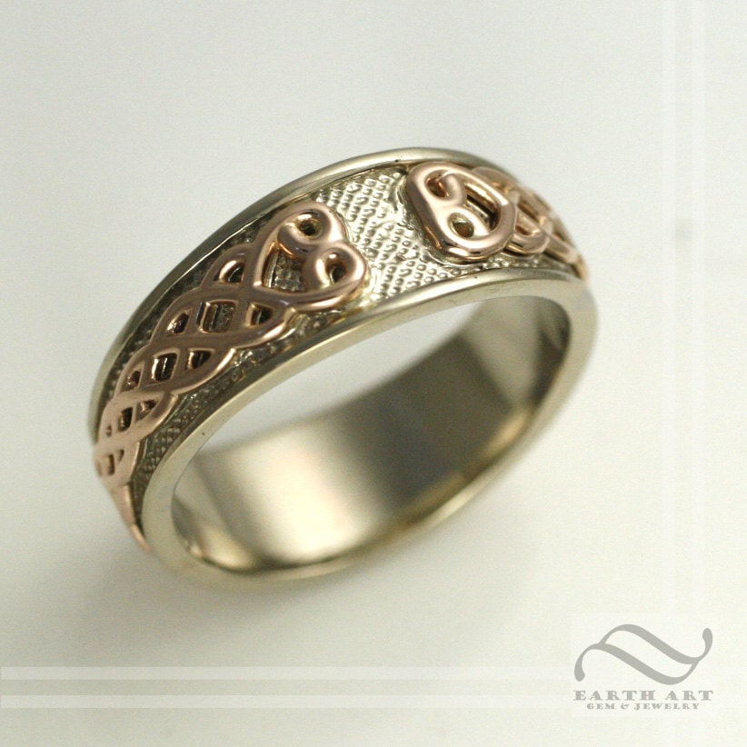 Mens 14k White and Rose gold Tapered Celtic Wedding Band - Two Tone
