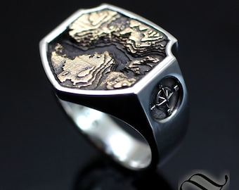 Yosemite Topo Signet ring - Sterling and Bronze