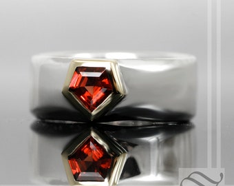 Mens Super Ring - Sterling Silver and 14k yellow gold with Natural Garnet