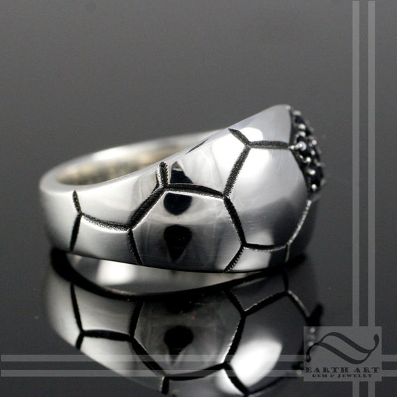 Soccer Ball or Futbol Ring Sterling Silver With Black Diamonds