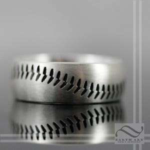 Baseball Stitching Ring - 8mm Wide Wedding band - Mens Sports themed wedding or engagement ring Sterling Silver
