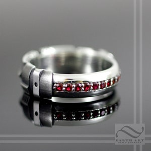 Wide Ruby Light Saber Ring - Sterling Silver - Oxidized and polished finish - geeky wedding band