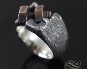 Rugged Bolted Mens Sterling Silver Ring