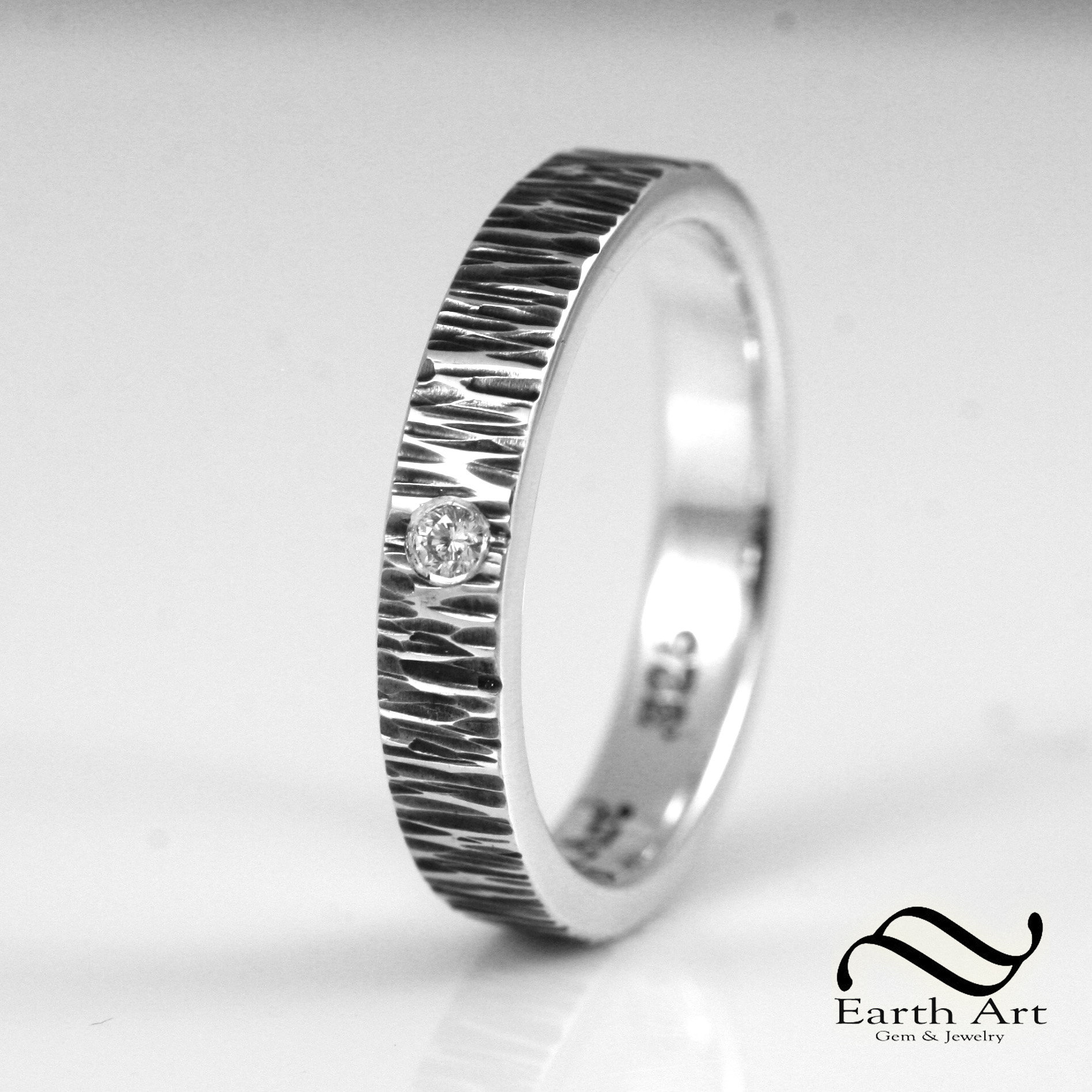 White Diamond in a Bark Textured Ring 14k Gold or Sterling - Etsy