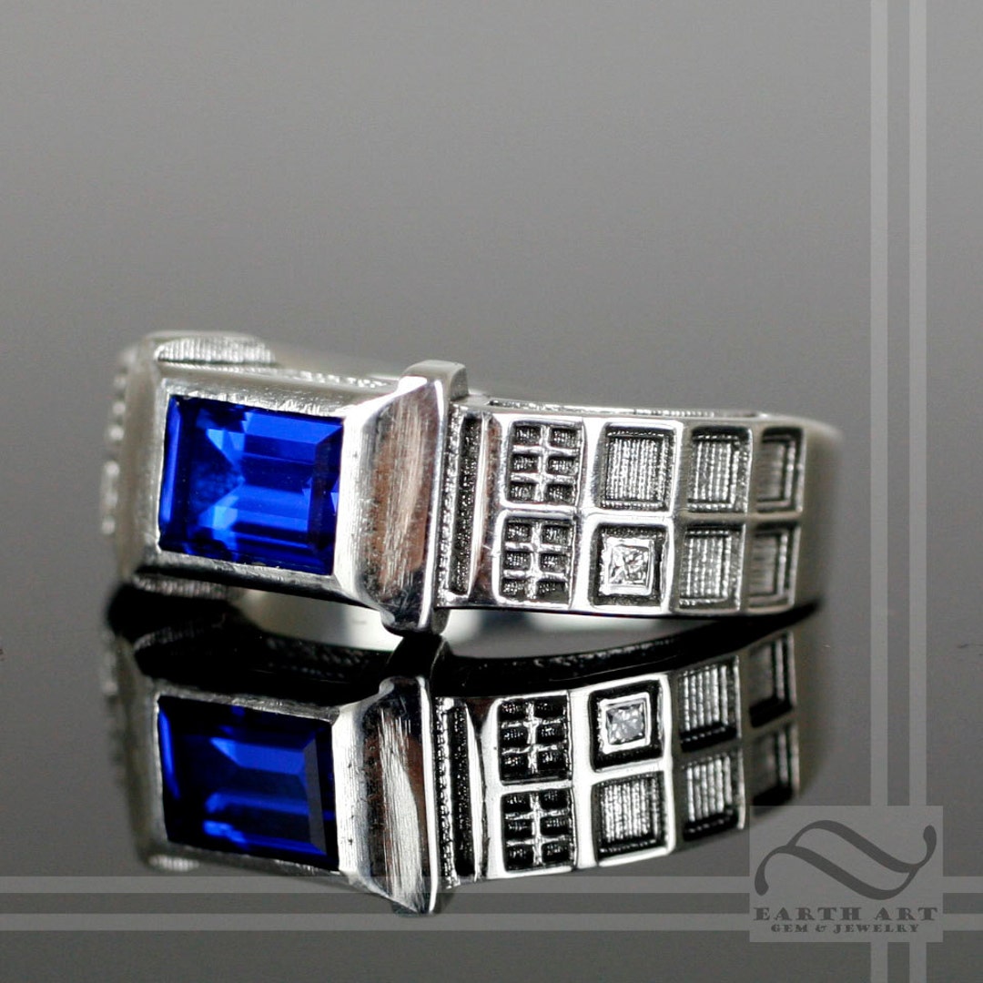 Police Box Ring Solid Sterling Silver - Level 2 - With Lab Sapphire and ...