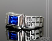 Police Box Ring Solid Sterling Silver - Level 2 -  With Lab Sapphire and Diamond - Wedding band or Signet Ring