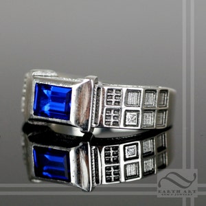 Police Box Ring Solid Sterling Silver - Level 2 -  With Lab Sapphire and Diamond - Wedding band or Signet Ring