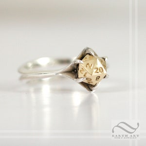 D20 Engagement ring in Mixed Metals Sterling silver or white gold with yellow or rose gold Geeky board Game Ring D&D image 1