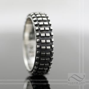 Dirt Bike Tire Tread Ring - Sterling Silver or gold - Mens knobby tire texture wedding band