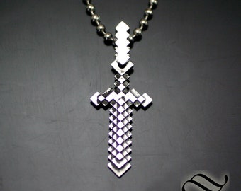 Pixelated Sword Pendant- Sterling Silver - video game Inspired Pendant