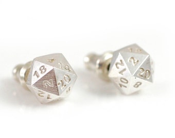 D20 Dice Stud Earrings - Sterling Silver, Gold, RPG Jewelry