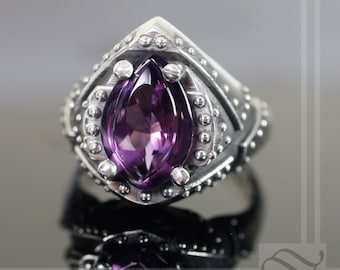 Rugged and Studded Amethyst Signet Ring in solid Sterling Silver