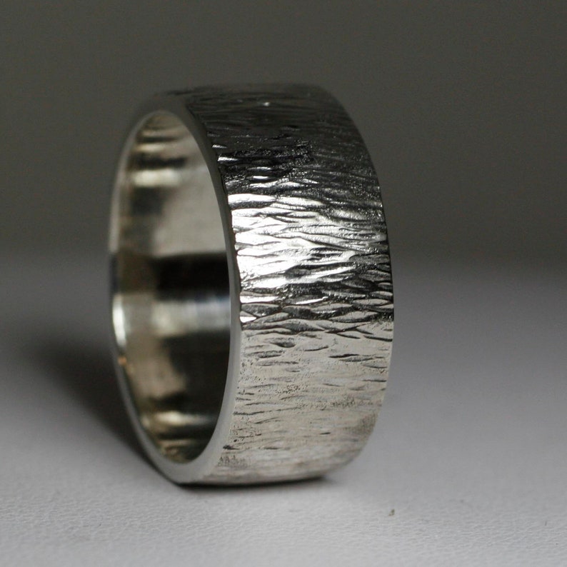 Wood Bark Textured Wide Mens Wedding Band