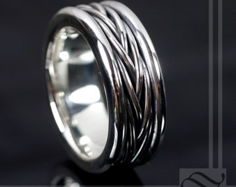 Zeven strengen gevlochten band in massief sterling zilver - met maatstrip - heren trouwring