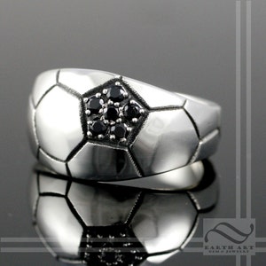 Soccer Ball or FutBol ring - Sterling Silver with Black Diamonds  Game Day Signet Team Ring