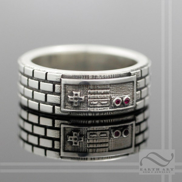 NES Game Controller Ring Sterling Silver With Natural Ruby Wedding Band