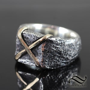 Rustic Gold X Ring - Recycled Sterling and 14k