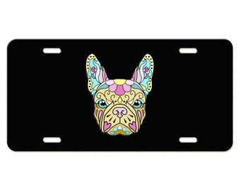 Sugar Skull French Bulldog Yellow and Pink License Plate Available in Black or White