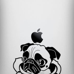 May include: Black and white silhouette of a pug dog with a rose behind it. The pug is looking at the camera with a sad expression. The image is on a white background.