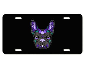 Sugar Skull French Bulldog Black Purple Teal and Black License Plate Available in Black or White