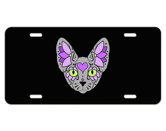 Sugar Skull Grey Sphynx Cat License Plate Available in Black or White