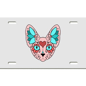 Sugar Skull Pink Sphynx Cat License Plate Available in Black or White image 1