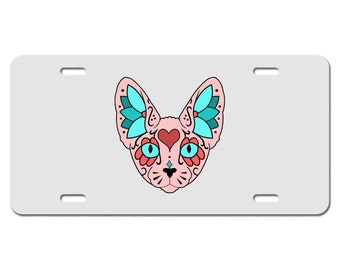 Sugar Skull Pink Sphynx Cat License Plate Available in Black or White