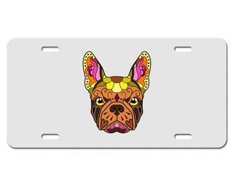 Sugar Skull French Bulldog Brown, White License Plate Available in Black or White