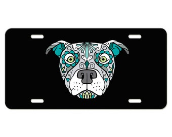 Sugar Skull Pitbull License Plate Available in Black or White