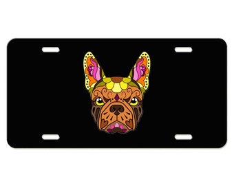 Sugar Skull French Bulldog Brown, White and Yellow License Plate Available in Black or White