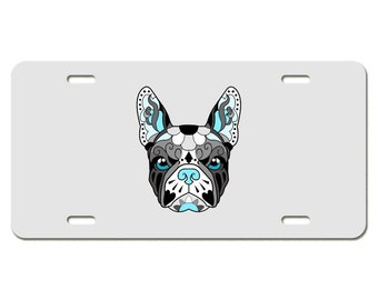 Sugar Skull French Bulldog Black White and Teal License Plate Available in Black or White