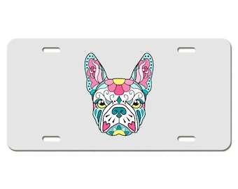 Sugar Skull French Bulldog Teal and Pink License Plate Available in Black or White