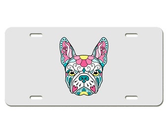 Sugar Skull French Bulldog Teal and Pink License Plate Available in Black or White