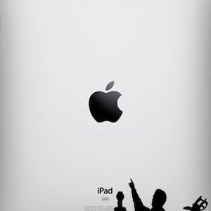 May include: A black silhouette of people watching a movie on an iPad. The iPad has the Apple logo and the text "iPad" on the back.