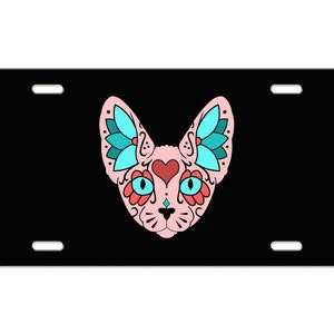Sugar Skull Pink Sphynx Cat License Plate Available in Black or White image 2