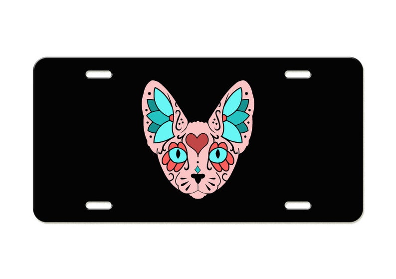 Sugar Skull Pink Sphynx Cat License Plate Available in Black or White image 2