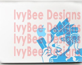 May include: A blue and white sticker design featuring a woman with a phone and a geometric design on her head. The text "IvyBee Designs" is repeated four times in pink.