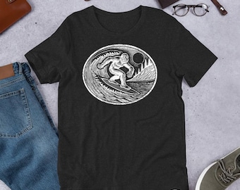 Vintage Woodblock Style Surfing Bigfoot Sasquatch T-Shirt