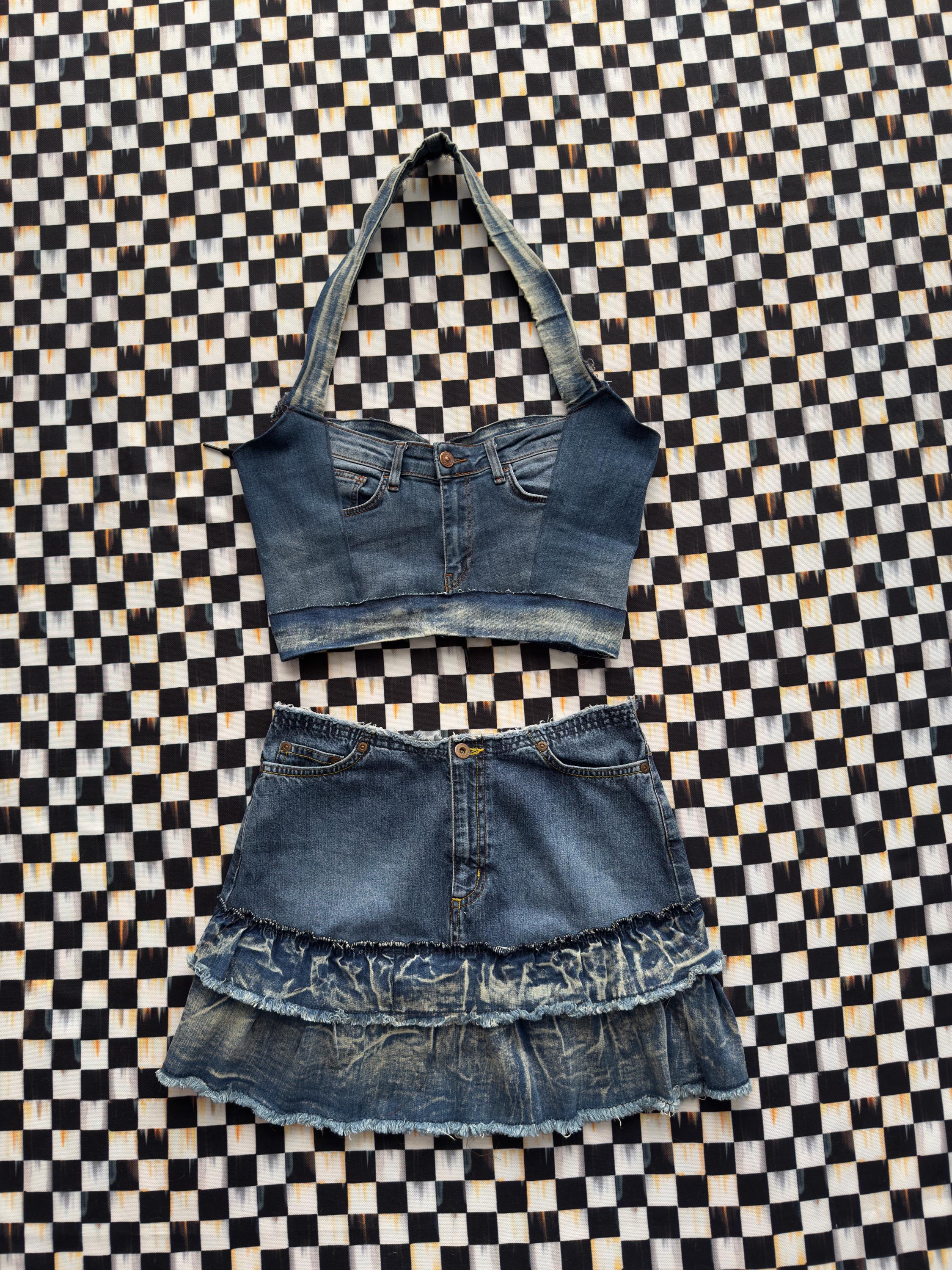 Y2K Denim Skirt Set: Handmade Corset Top & Ruffle Mini Skirt - Etsy