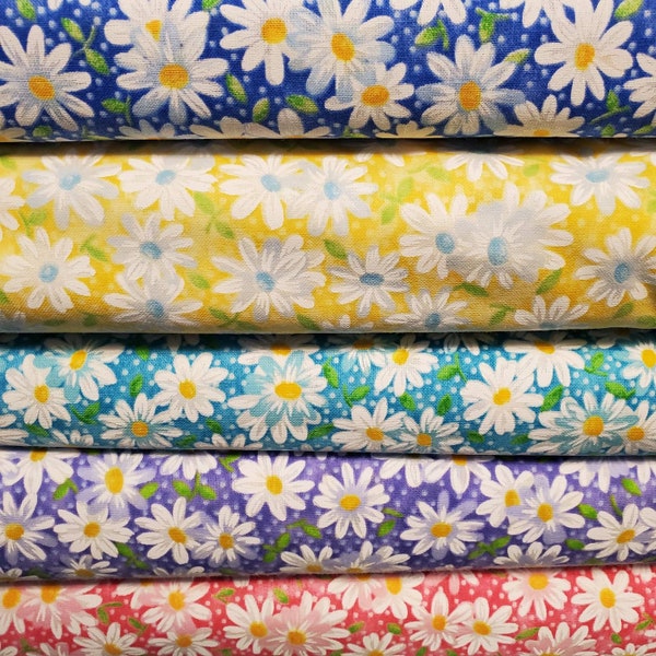 Daisy Floral Fabric YOUR Choice 100% Cotton FQ, 1/2 Yard, BTY Purple Blue Teal Pink Yellow White Daisies