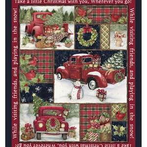 Susan Winget Red Truck Cotton PANEL Fabric Quilt 36&quot; X 44&quot; Birds Fox Presents Tree Christmas by the Yard Fabric 100% Cotton