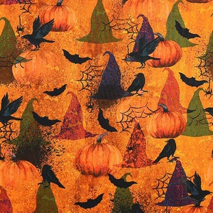 May include: Orange and black Halloween fabric with a repeating pattern of witches hats, pumpkins, crows, and bats. The fabric has a distressed, vintage look.