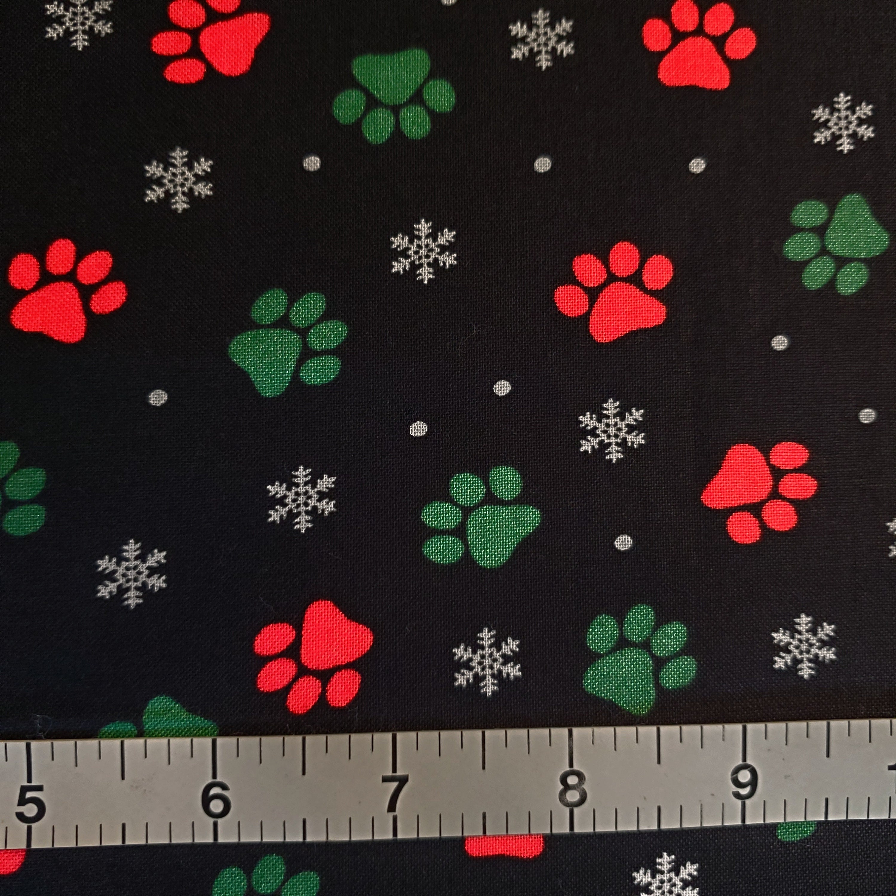 Christmas Paws Dogs Puppies Snowflakes Fabric sold by the Yard, FQ, 1/2 Yard, BTY Quilting material  Black Red Green Super Cute!