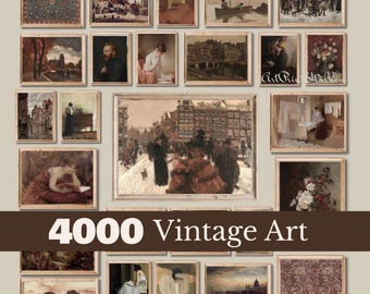 May include: A collection of framed vintage art prints, featuring various paintings with landscapes, portraits, and still life subjects. The prints are in wooden frames, with a banner at the bottom that reads "4000 Vintage Art."
