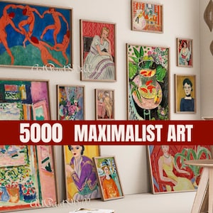 May include: A collection of framed art prints in various sizes and styles, featuring colorful paintings with figures and still life subjects. The text "5000 MAXIMALIST ART" is displayed in a red banner across the bottom of the image.