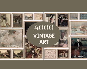 May include: A collection of framed vintage art prints, featuring various styles and subjects. The image includes a central oval with the text "4000 VINTAGE ART". The prints are in a variety of sizes and orientations, with a neutral color palette.