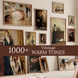 May include: A collection of framed vintage art prints in warm tones, including portraits and landscapes. The artwork is displayed on a white wall. The text "1000+ Vintage Warm Tones" is displayed at the bottom of the image.
